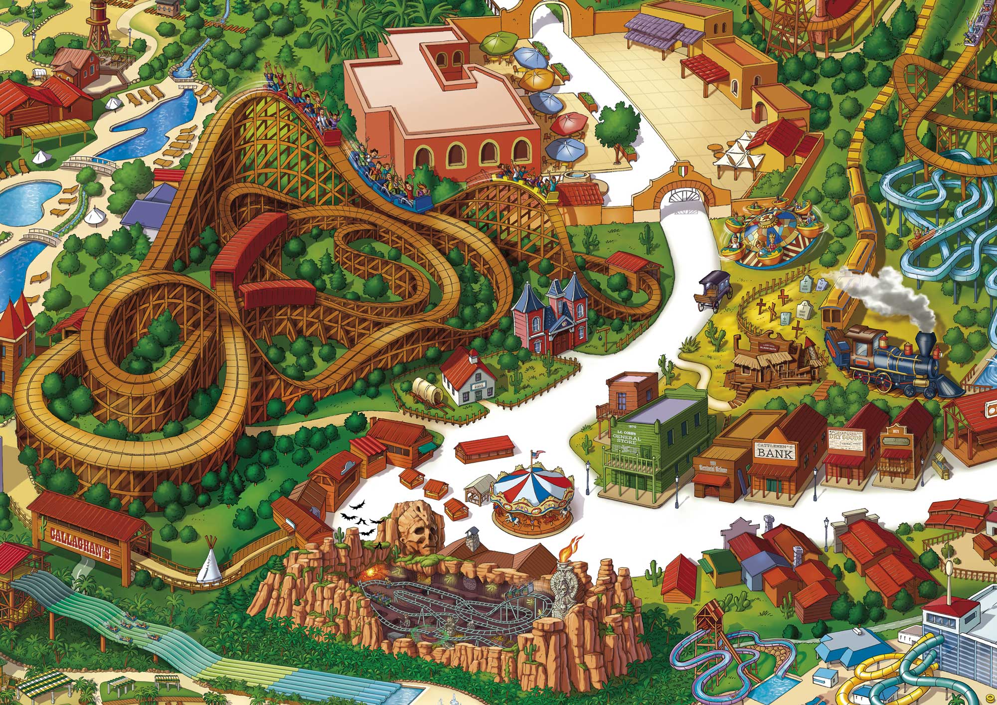 Mapa oficial del parque temático "Port Aventura World". Clientes: GREY Barcelona / Microbio Gentleman / Port Aventura World
